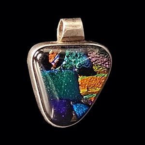 Vintage Geometric Taxco Mexico Dichroic Glass 925 Sterling Silver Pendant 8g